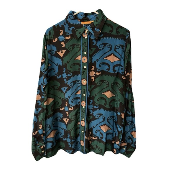 NEW Oliphant Womens Size Medium Button Down Blue & Teal Uzbek Printed Blouse - Picture 2 of 9